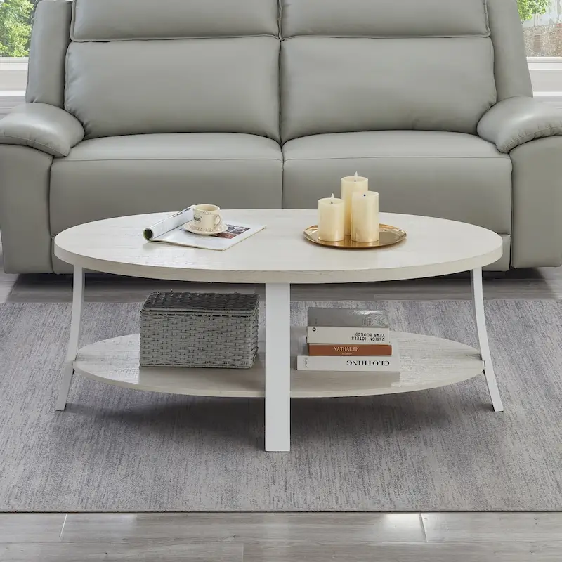 White Oval Coffee Table with Lower Shelf, Contemporary Style