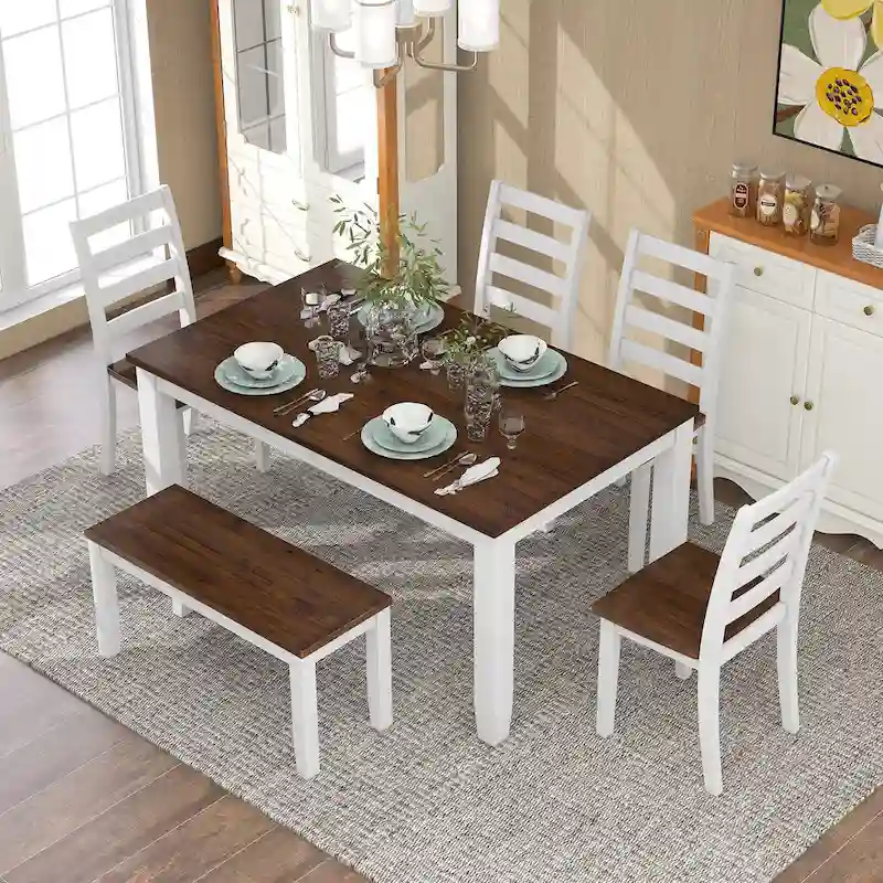 Walnut 6-Piece Wooden Dining Table Set with 4 Ergonomic Chairs & Bench
