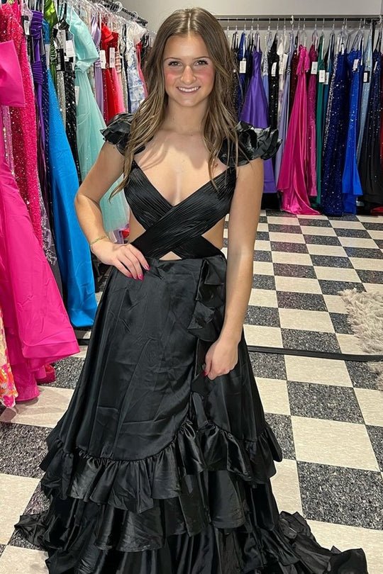 Red Cutout Ruffle A-Line Long Prom Dress with Slit