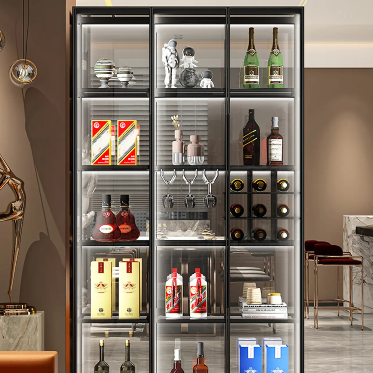 Luxury Multi-Layer Tan Glass Curio Cabinet with Light