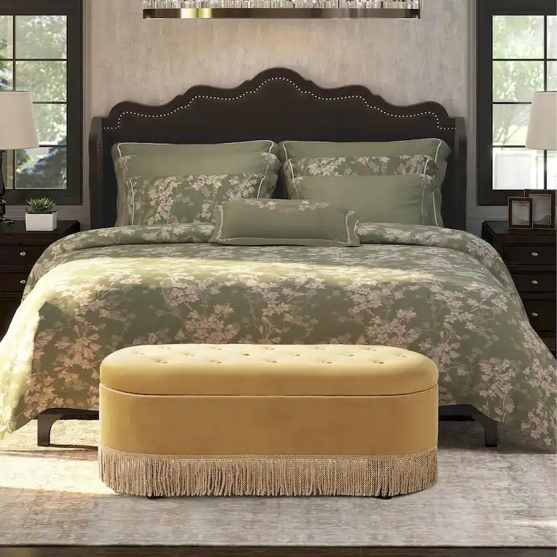 Melinda 48.5 Upholstered Tufted Oval Storage Bench with Bullion Fringe