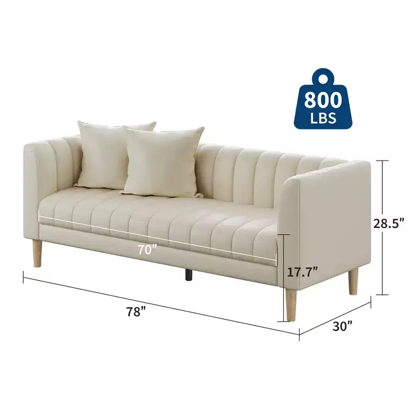 Faux Leather Sofa Couch for Living Room, 78 W Modern 3 Seater Sofa Couch with Deep Seats, 2 Throw Pillows and Wood Legs, for Bedroom, Apartment
