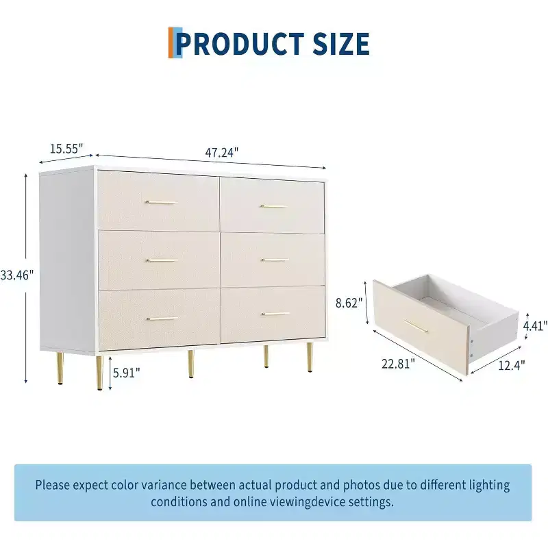 6-Drawer Dresser, Modern Wooden Bedroom Chest of Drawers With Handles and Storage Drawers, Farmhouse Style TV Stand for Living Room, Bedroom, Hallway