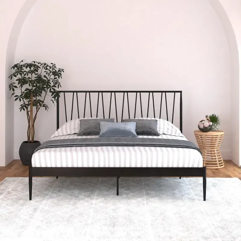 Queen Size Metal Bed Frame, Diagonal Geometric Panel Headboard, Modern Style, Black, 2 People