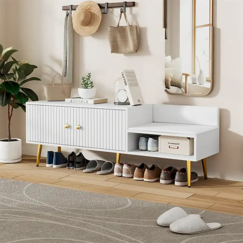 White / Light Blue / Navy / Grey / Antique White Upholstered Shoe Storage Bench with Hidden Compartment, Single Seat