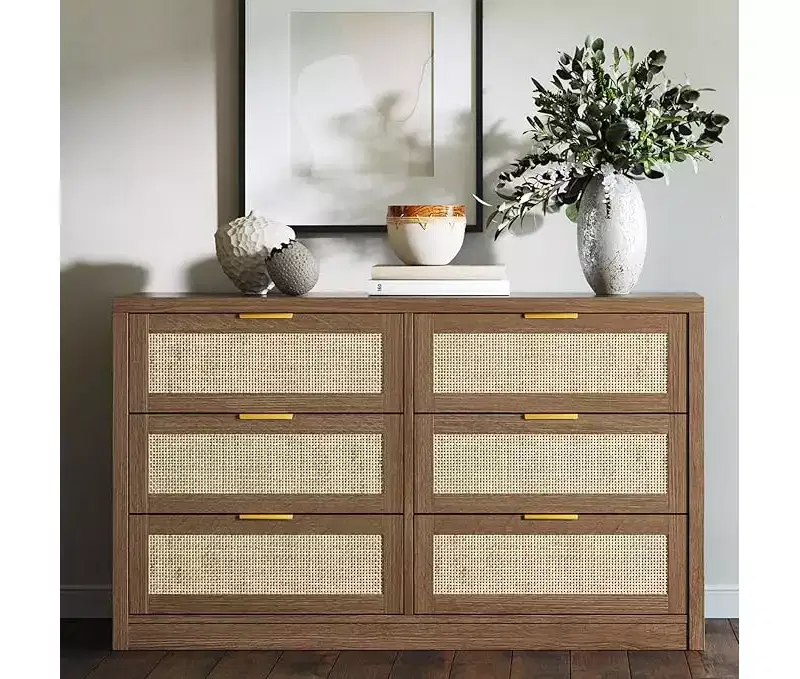6 Drawer Dresser for Bedroom, Wide Rattan Dresser, Wooden with Gold Handles, Farmhouse Tv Stand Entryway Table, Modern Chest of Drawers for room