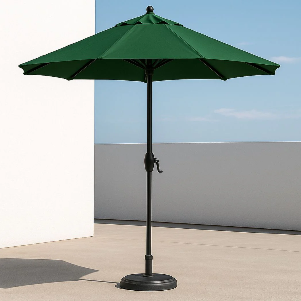 Parasol d'extérieur rond vert en polyester avec mât en aluminium et base en acier, diamètre 2.5 m