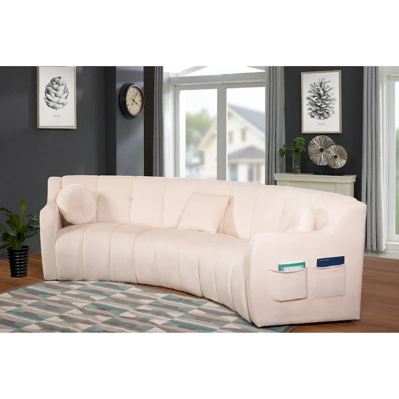 Cream / Blue / Grey Velvet Curved Sofa, Modular Legless Style, 3-Seater