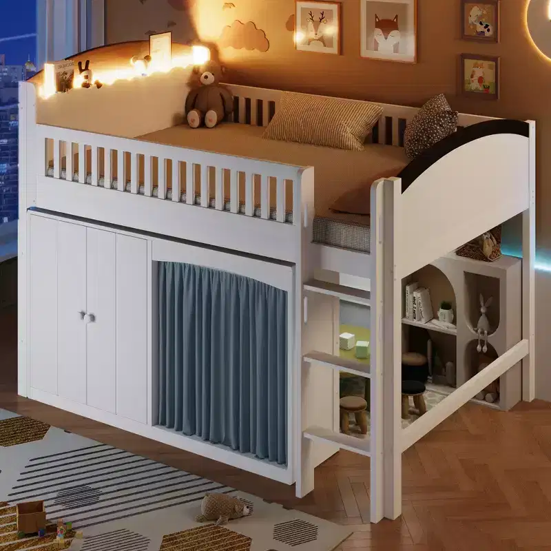 Twin/Full Loft Bed with Storage Wardrobe & Cabinet, Solid Wood Modern Loft Bed with LED Headboard and Guardrails for Bedroom