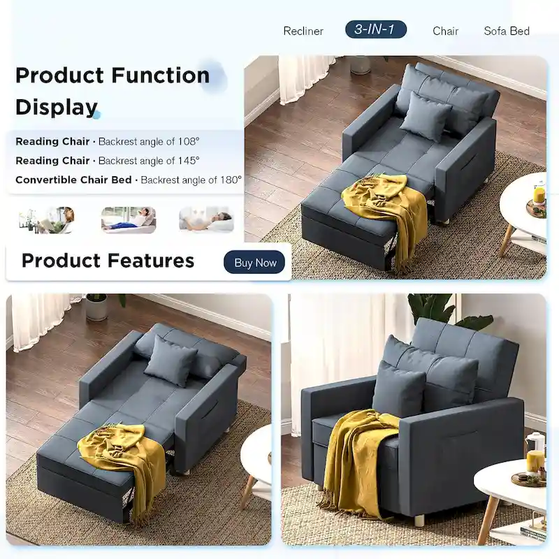 AECOJOY Adjustable Sleeper Chair Bed 3-in-1 Convertible Futon Sofa