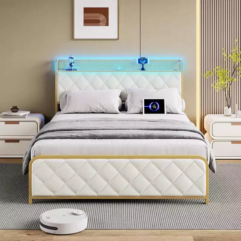 King Size Bed Frame with Charging Station,Upholstered Headboard and Footboard,Platform Bed Frame King with Storage Headboard,Metal Slat Support,Beige
