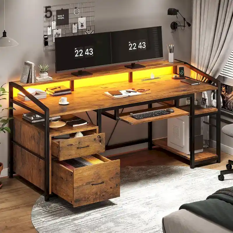 Brown / Grey / Black L-Shaped Gaming & Office Desk, 1-Person, with LED Light, Lock Drawers & Power Outlet