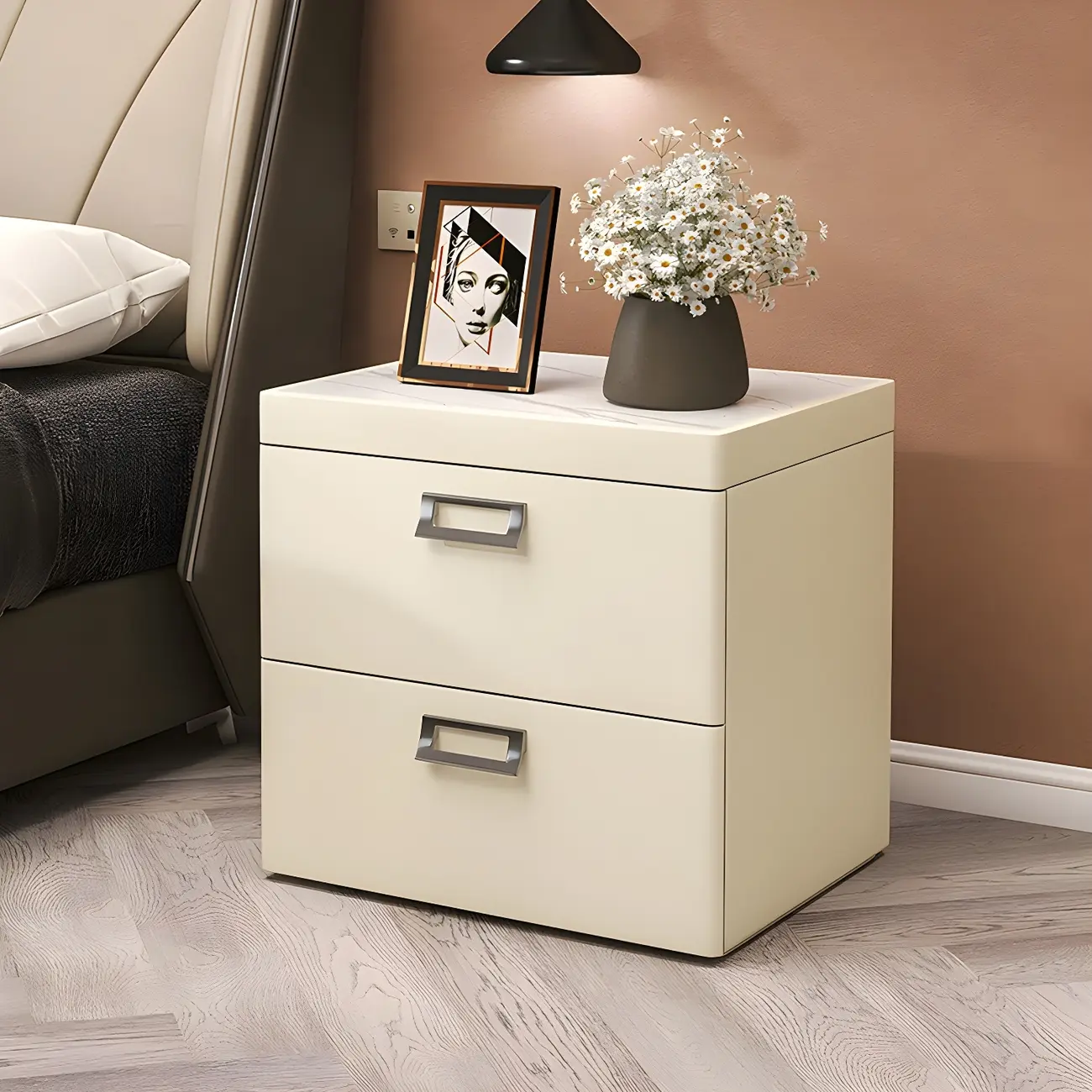 Modern Faux Leather 2 Drawers Nightstand with Stone Top