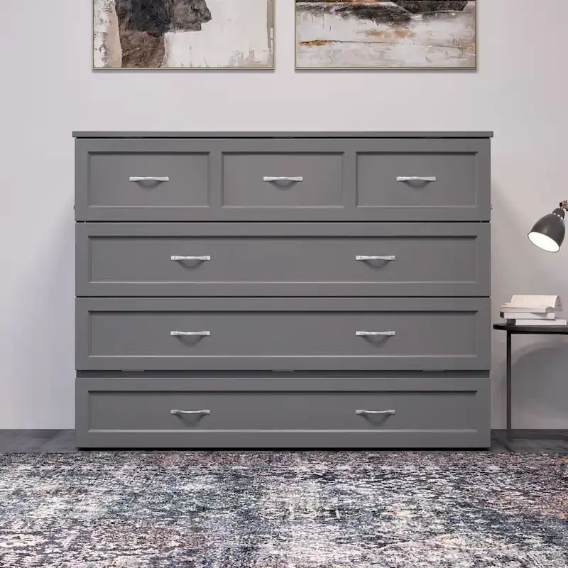 Full Murphy Bed Chest with Mattress in Grey