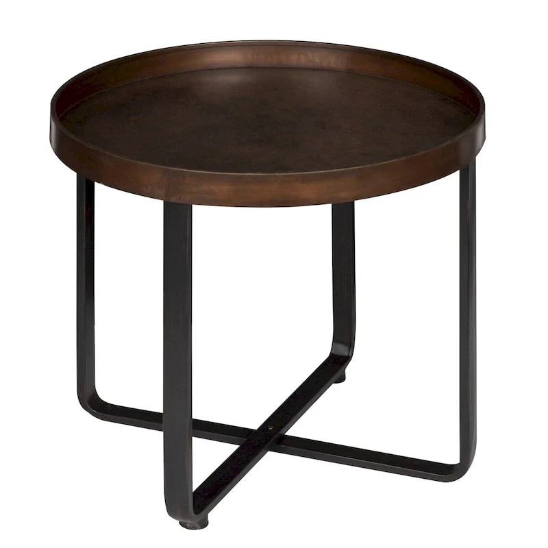 Round Metal Tray-Top End Table, Bronze / Oak, Fits 1