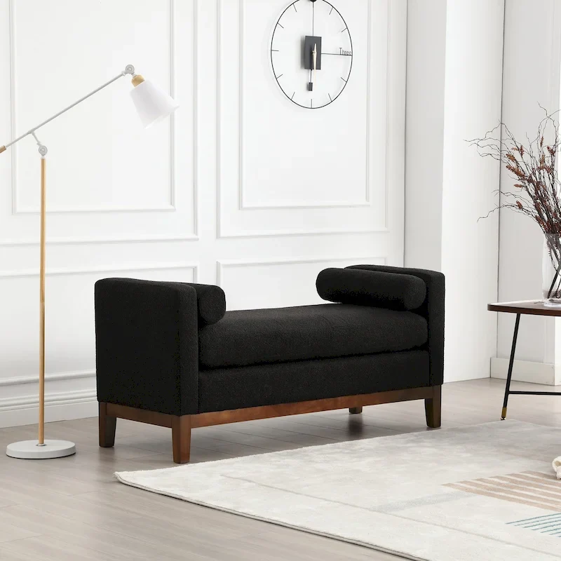 Upholstered Storage Bench with Wood Legs & Bolster Pillows, Multi-Color, Single Seat