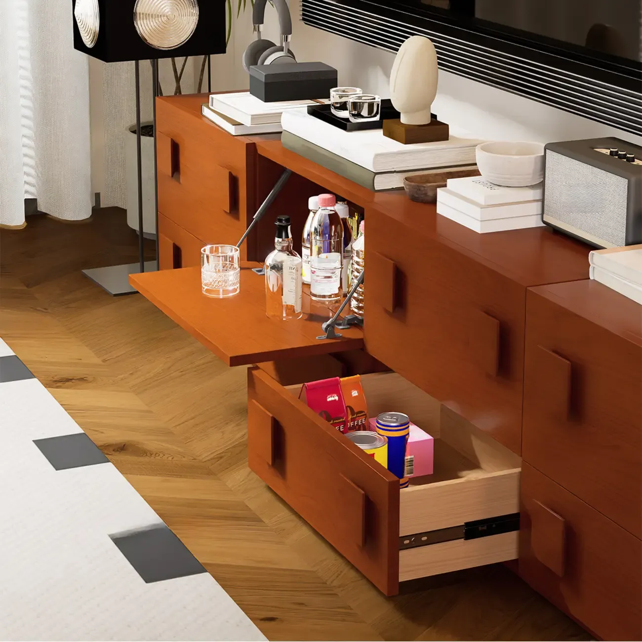 91 Mid-Century Brown Long Pine Wood TV Stand with Drawers