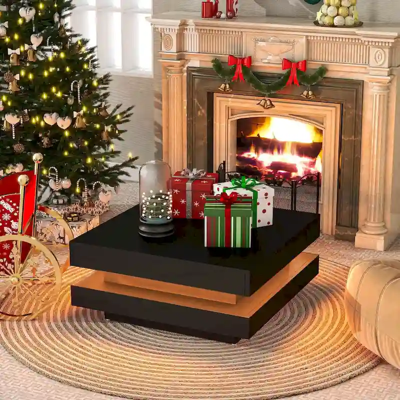 White / Black High-Gloss 2-Tier Square Coffee Table with 16-Color LED Strip Lights