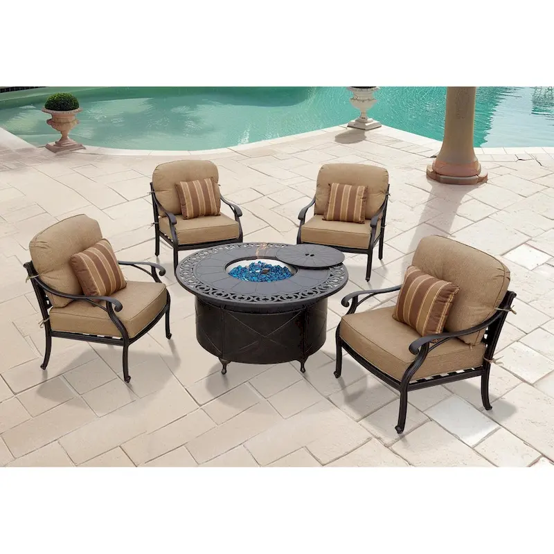 Nassau 5-Piece Patio Propane Fire Pit Rocker Club Conversation Set with Cushions and 47