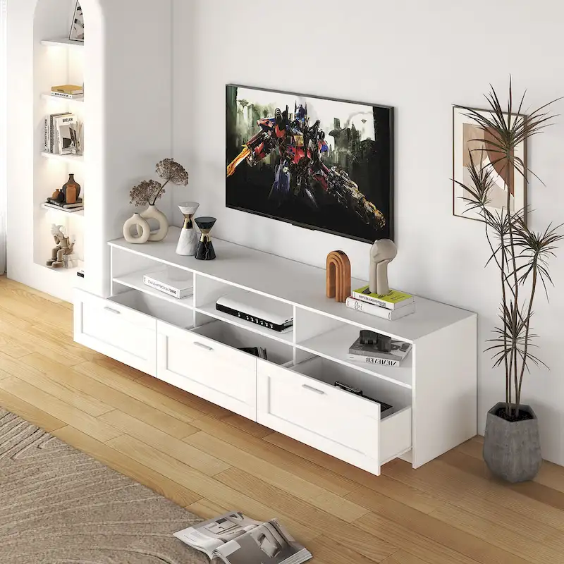 White 70 TV Stand with Open Storage & Drawers for Living Room