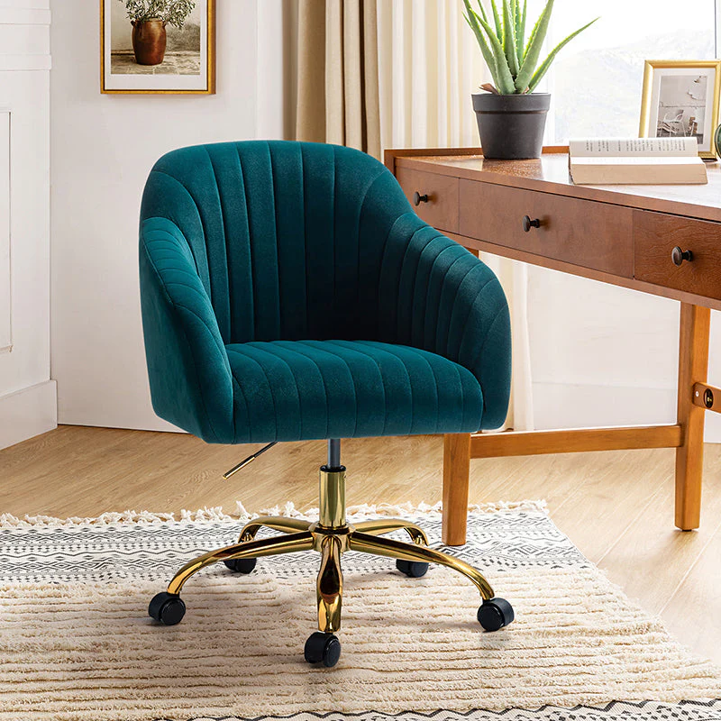 Quilted Velvet Office Chair with Open Back, Adjustable Height & Gold 5-Star Metal Base | Teal / Pink / Tan / Green / Black / Blue / Purple / Grey / Ivory / Navy / Fuchsia | Single Seat