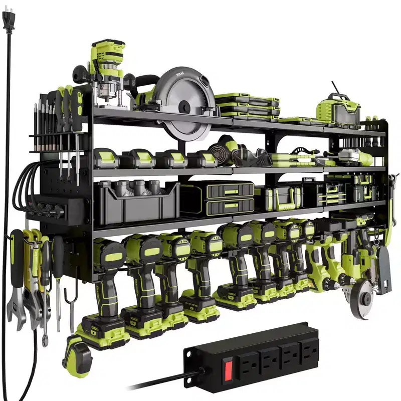 Hausource 4-Tier Power Tool Organizer with Pegboard, 12-Slot Drill Rack & Power Strip,Black