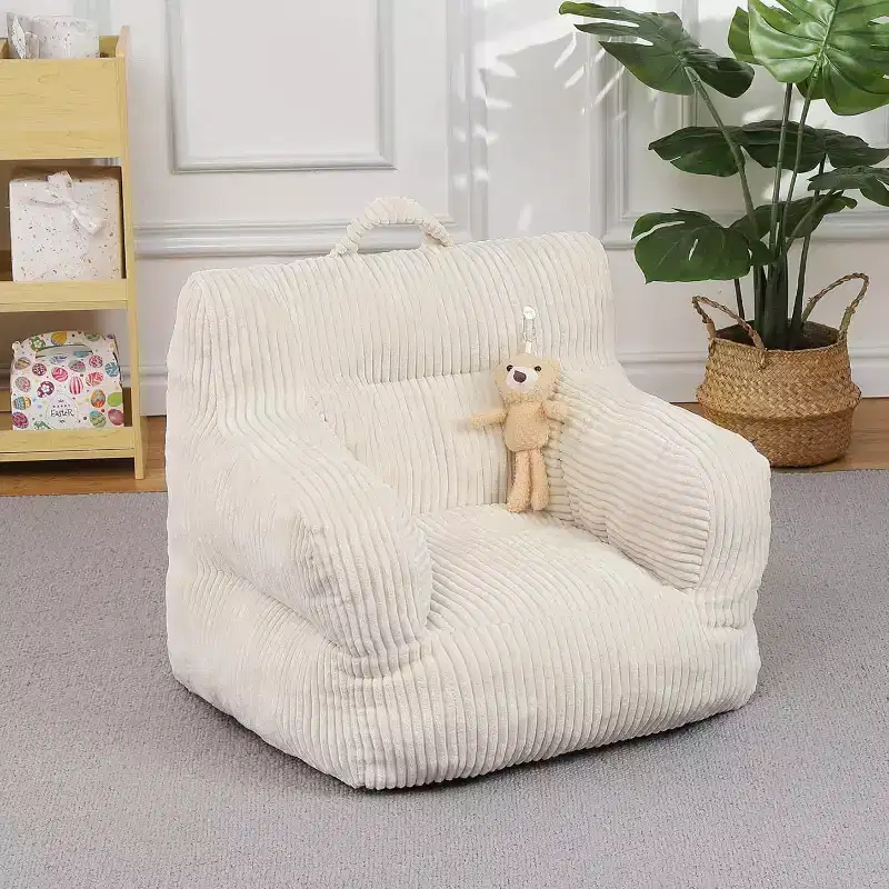 Kids Bean Bag Chair, Comfy Toddler Chair with a Strawberry Bear, Toddler Bean Bag Sofa for Boys and Girls, Soft Corduroy Cover Lazy Sofa,Beige