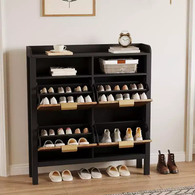 Garvee Shoe Storage Cabinet with 4 Flip Drawers, Fluted Narrow Shoe Storage Cabinet Organizer with Legs,Black+Natural Oak