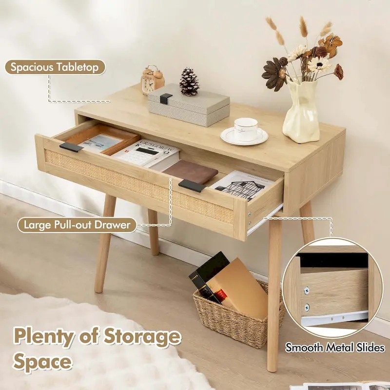 Costway Rattan Console Table with Pull-out Drawer Boho Style Entryway - See Details