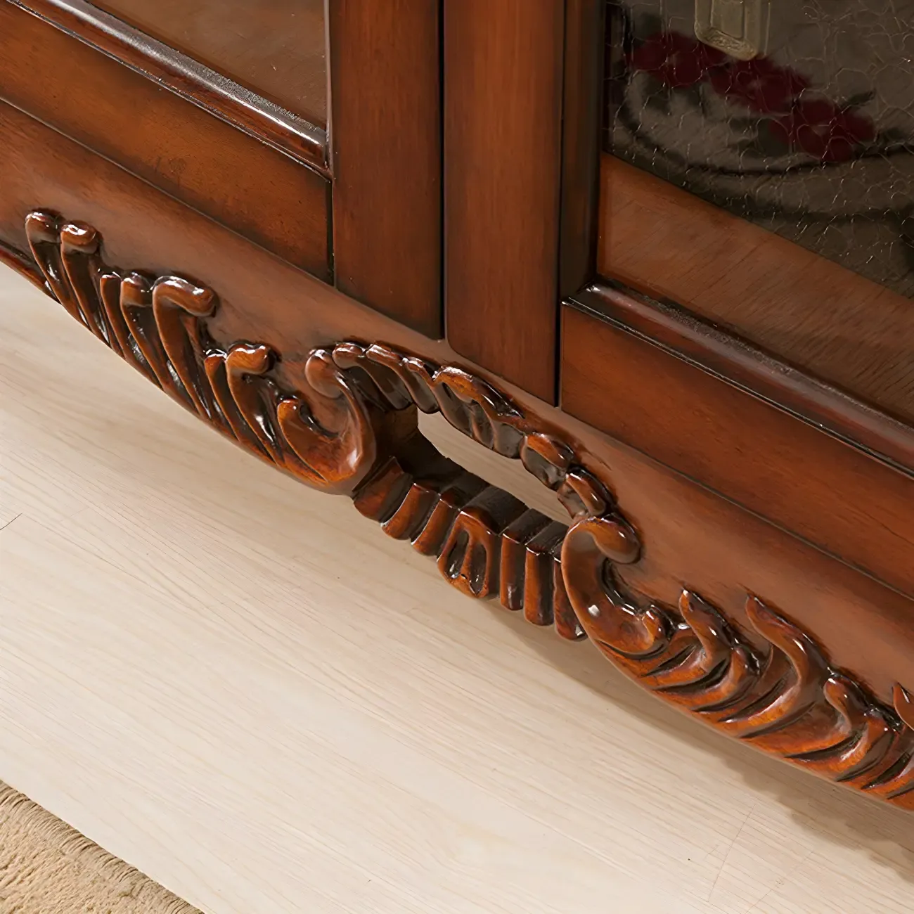 Traditional Wood Brown Glass Shelf Display Cabinet