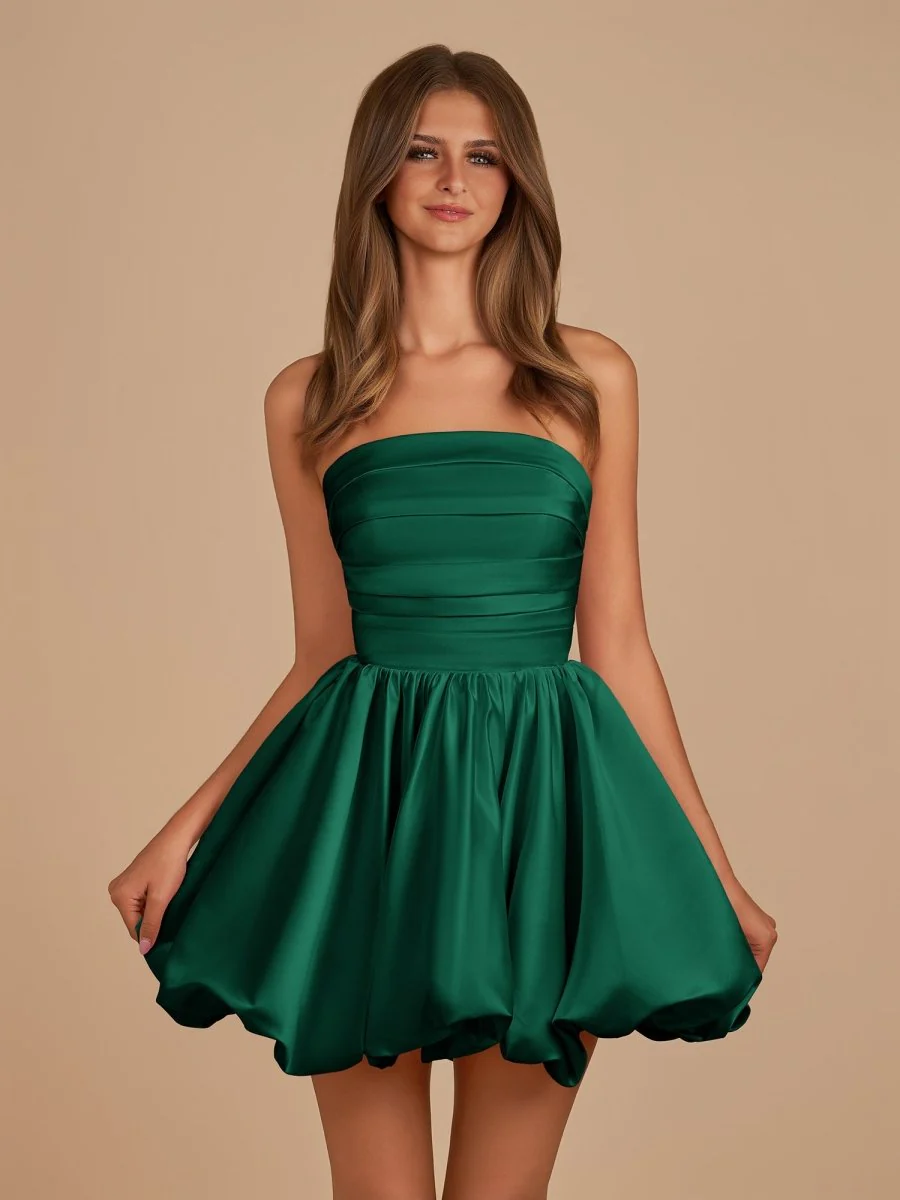 Dark Green - A Line Strapless Satin Bubble Hem Short Homecoming Dresses
