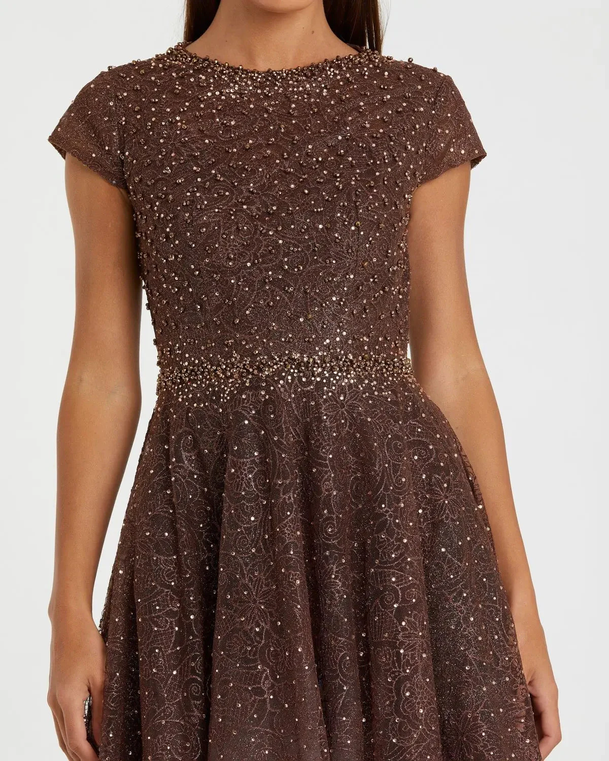 Brown Embellished Cap Sleeve A Line Dress