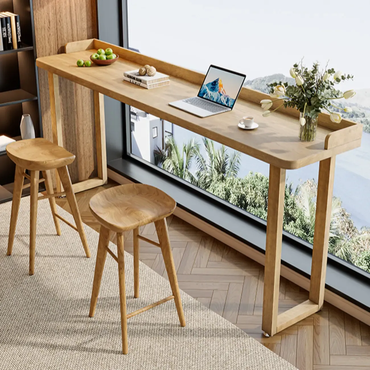 Natural Wood Rectangle Counter Height Bar Table with Rim