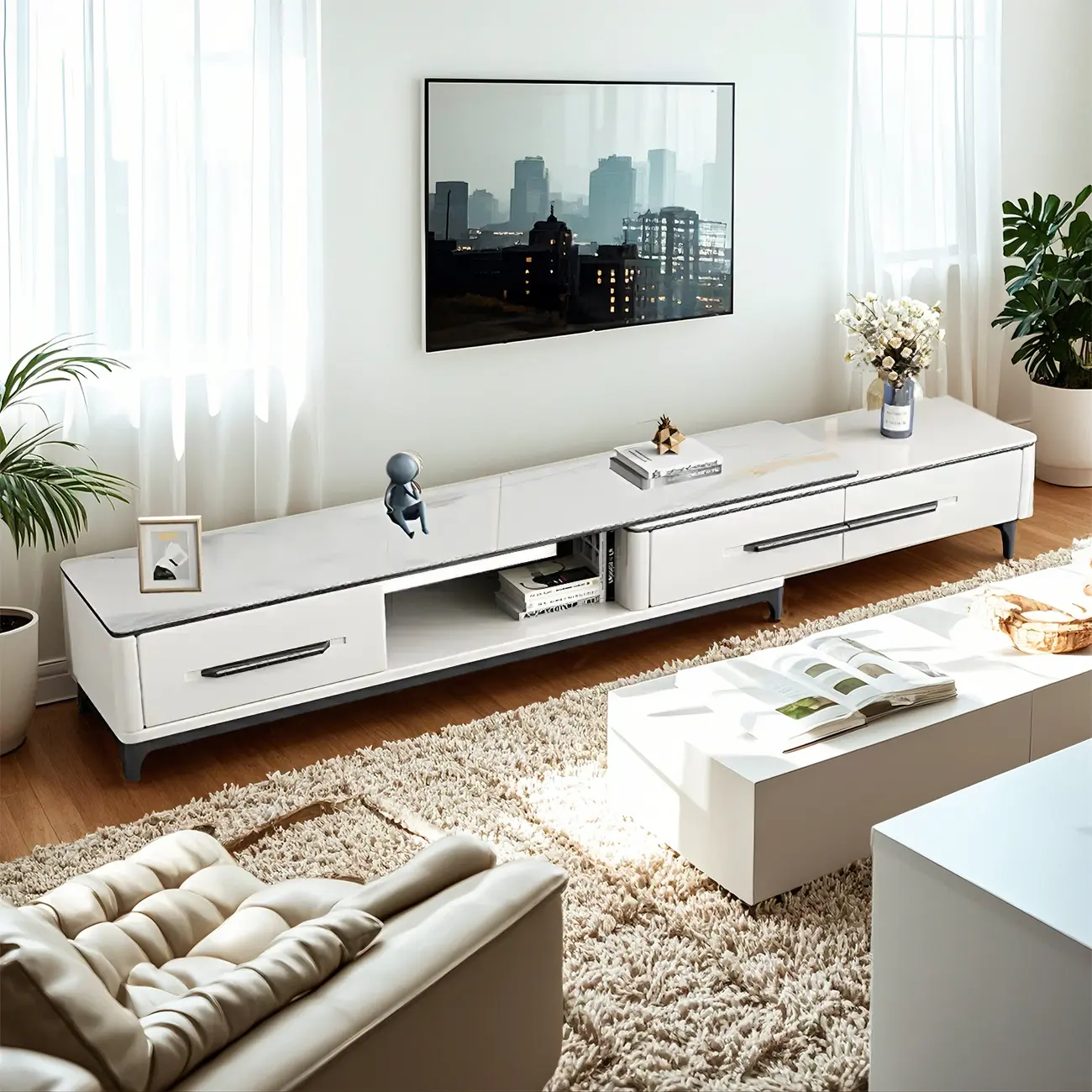 67 White Modern Stone Open Storage TV Stand with Drawers