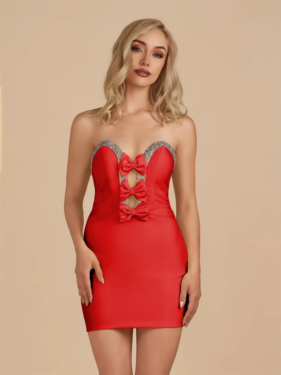 Red - Bodycon Strapless Cut Out Satin Beaded Homecoming Dress With Bows
