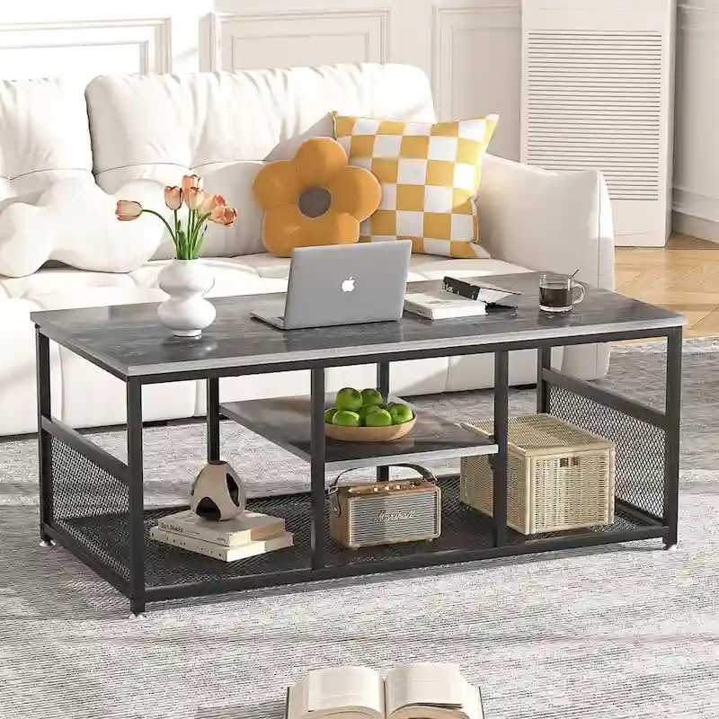3-Tier Coffee Table with Metal Frame and MDF Shelves
