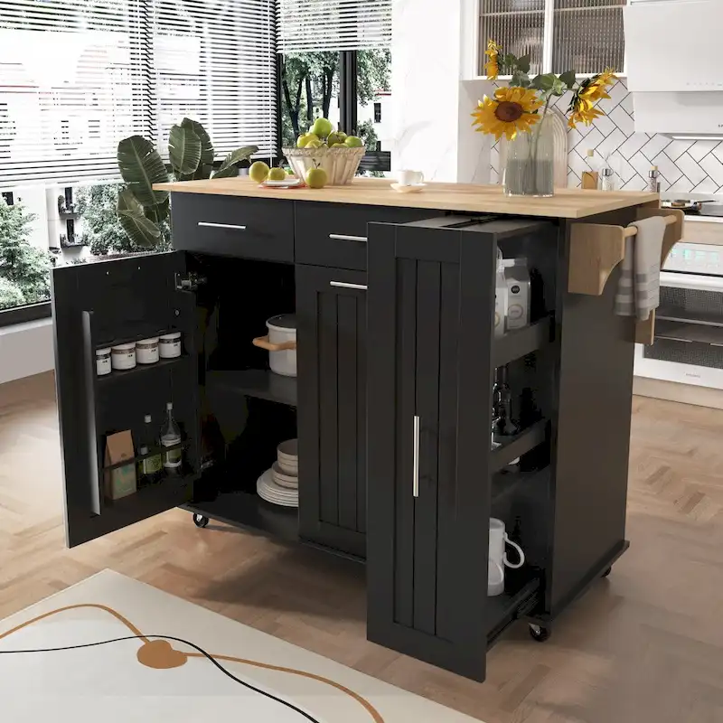 Kitchen Island with Drop Leaf,Kitchen Storage Cart with 3 Tier Pull Out Cabinet Organizer,Kitchen Cart on Wheels with Towel Rack