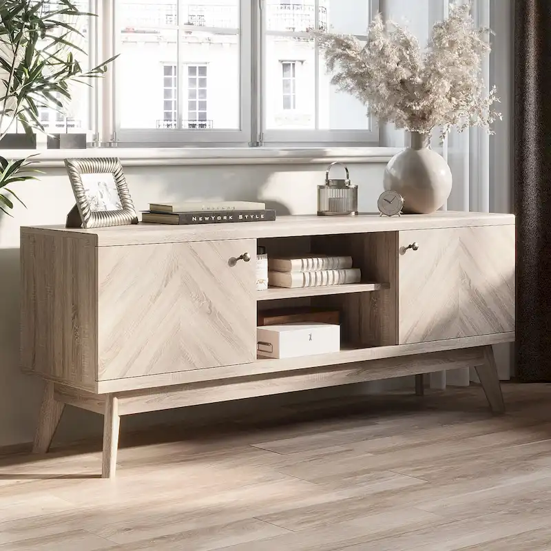 Living Skog Scandi Mid-Century Modern Herringbone TV Stand for TV Up to 65 Inches with Wooden Legs