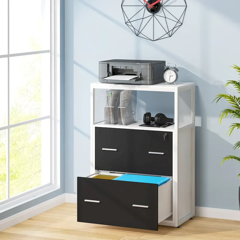 Walnut Black 2-Drawer Lateral File Cabinet with Open Shelves