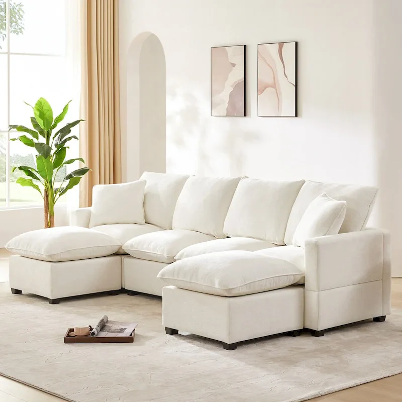 Modern 6-Seat U-Shaped Modular Sectional Sofa with 2 Pillows