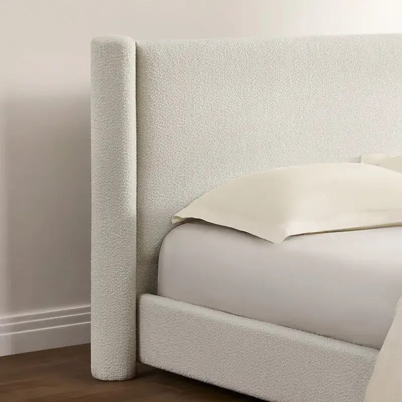Upholstered Platform Bed Frame, White, Wide Headboard, Boucle Fabric, Queen, Seats 2