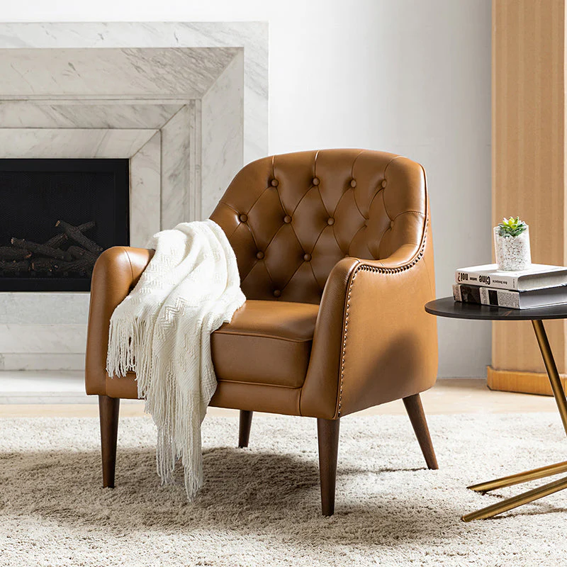 Genuine Leather Tufted Barrel Accent Chair with Rubberwood Legs & Recessed Arms | Black / Navy / Camel / Beige | Single Seat
