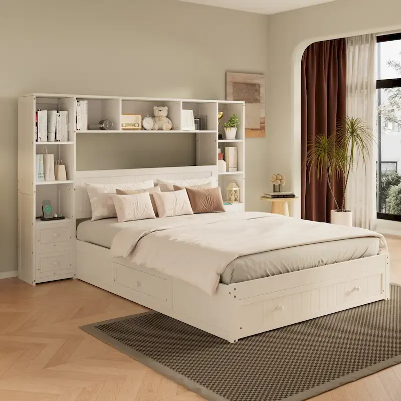 Pine Wood Platform Bed with Storage Drawers, Nightstands, Bookcase and Charging Stations