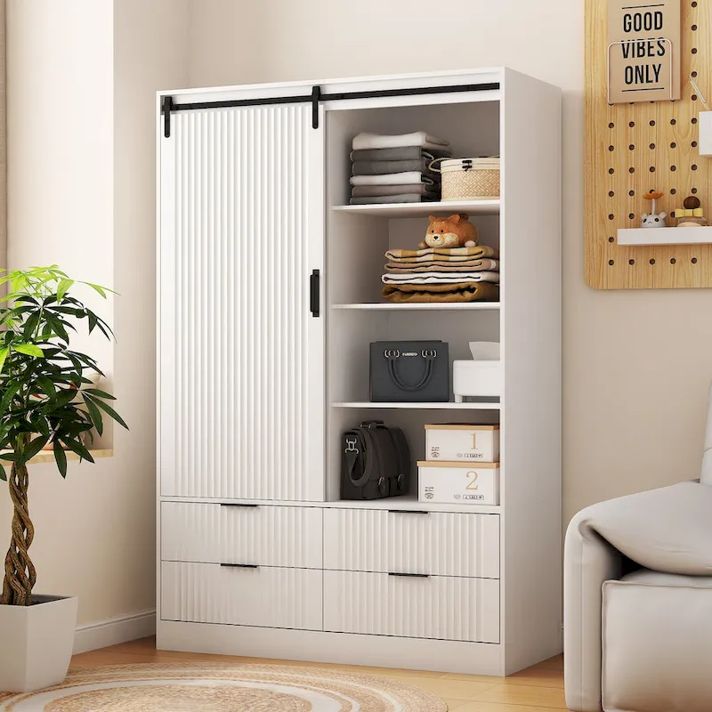 Wardrobe Armoire, Sliding Barn Door, Hanging Rod, 4 Drawers, 4 Open Shelves, MDF, White, 1-Person Use
