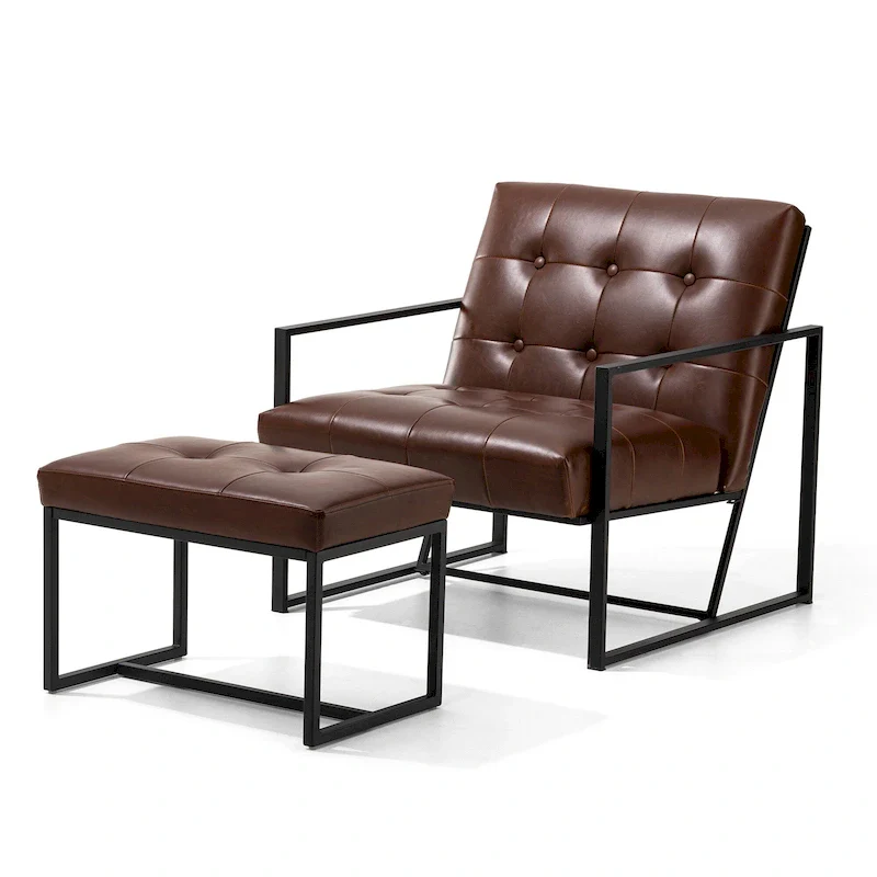 Glitzhome Modern PU Leather Tufted Accent Chair with Ottoman Set