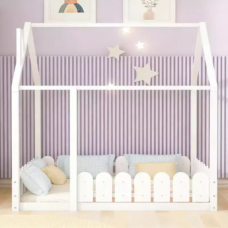 Luxystar Wooden House Bed Frame with Fence for Kids and Teens, White