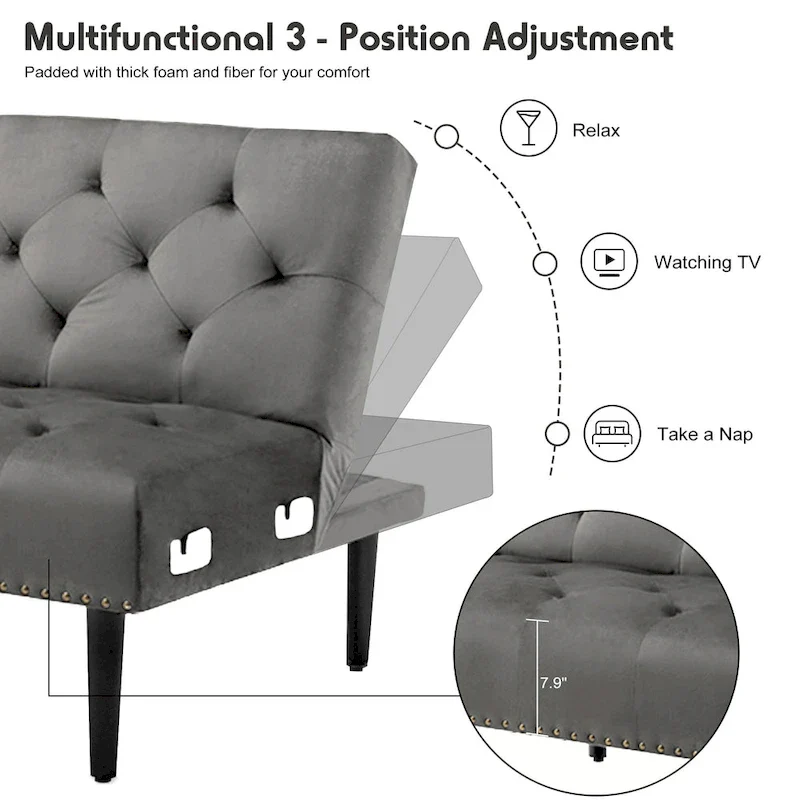 Convertible Velvet Sofa Couch, Sectional Sofa with Ottoman, Mid-Century Futon Sofa Bed - 32D x 100.7W x 29.9H