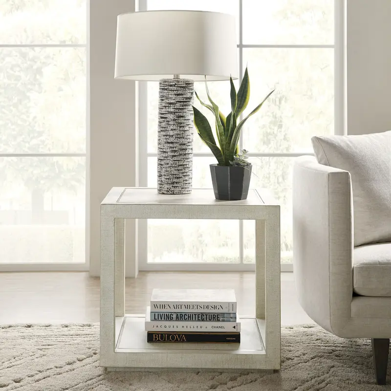 Taupe Lacquered Burlap & Oak Veneer Square End Table with Champagne Metal Inlay – Single