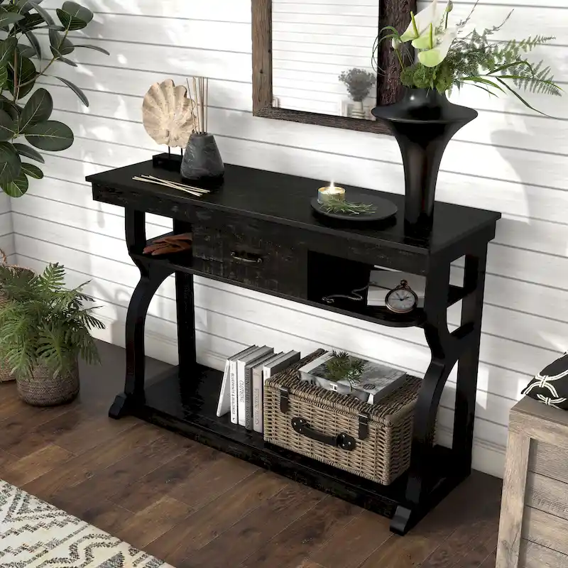 DH BASIC Farmhouse Black Oak 47-inch 3-Open Shelf Console Table by Denhour