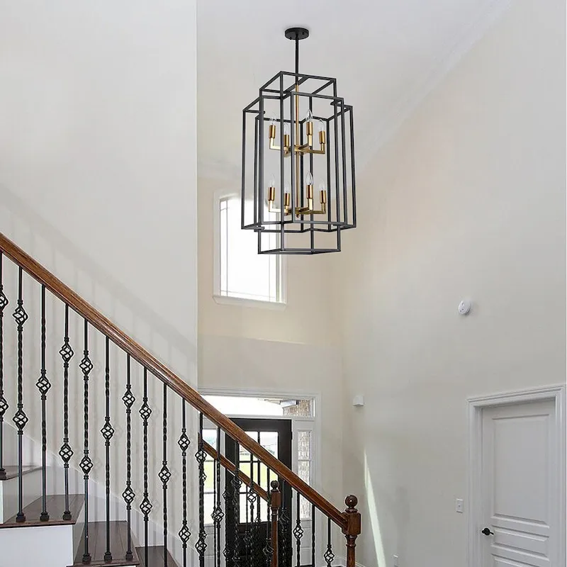 Black 8-Light Industrial Rectangle Iron Frame Pendant